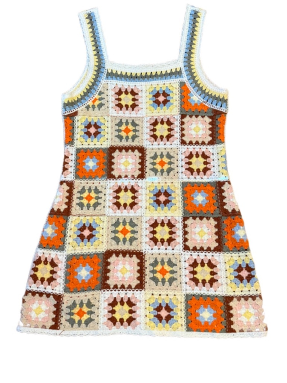 New In crochet granny square mini dress M/L fitted retro boho